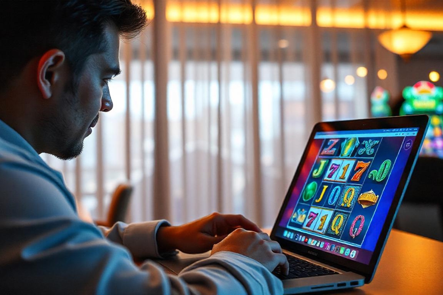 A man at a table playing online slots game in the laptop