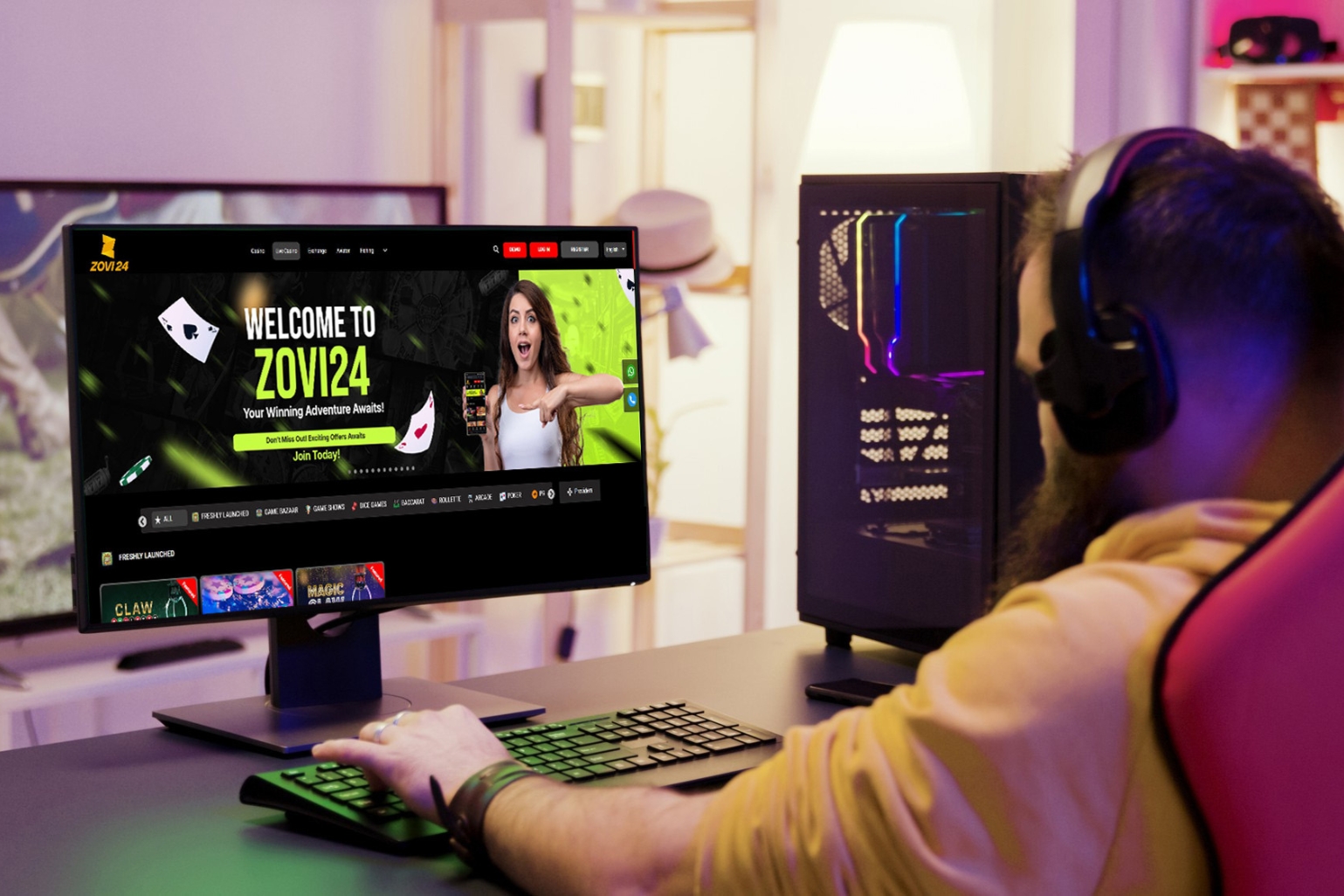 A man playing online casino games in his desktop